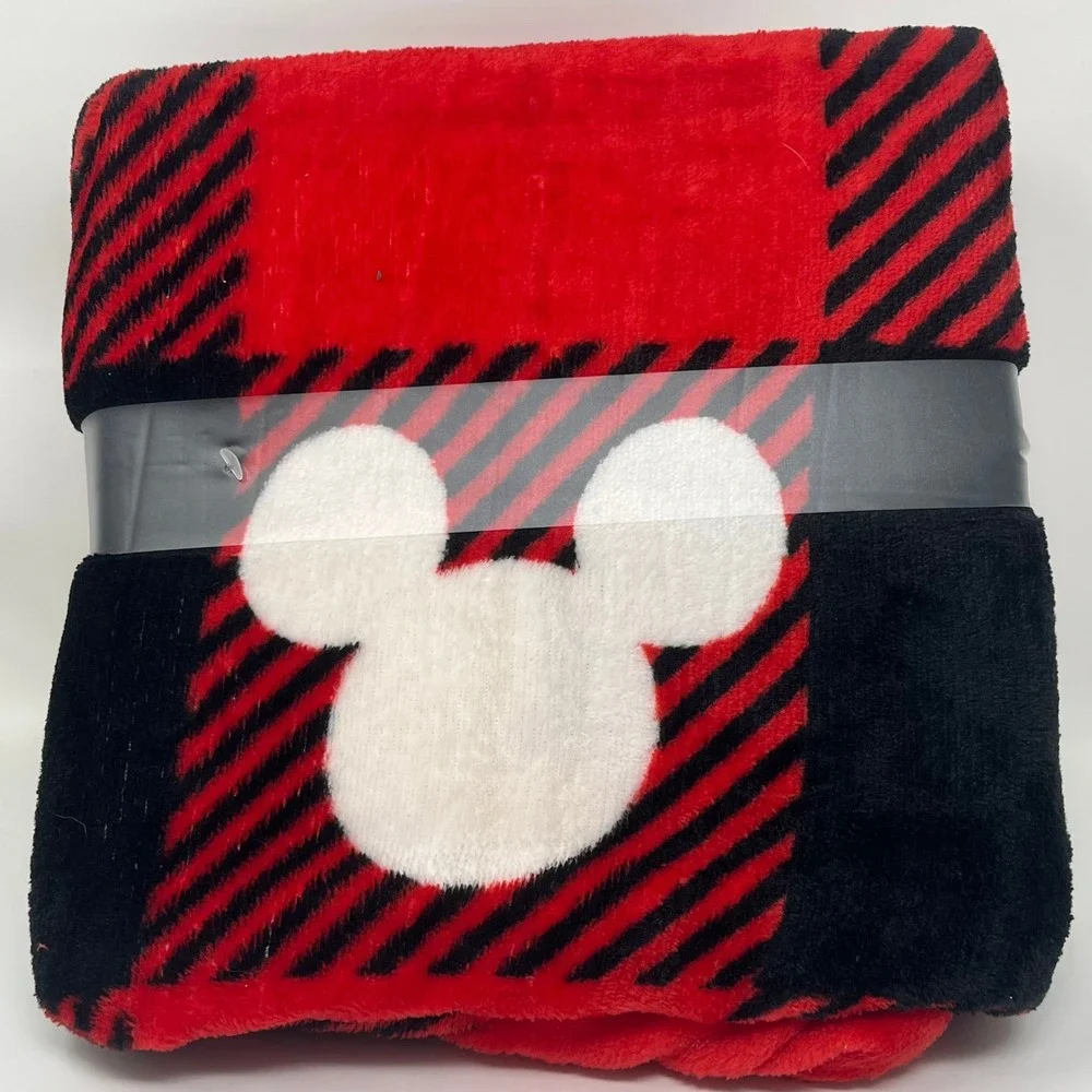Disney Mickey & Minnie Mouse Christmas Travel Blanket 45x55 Red Black Check Ears